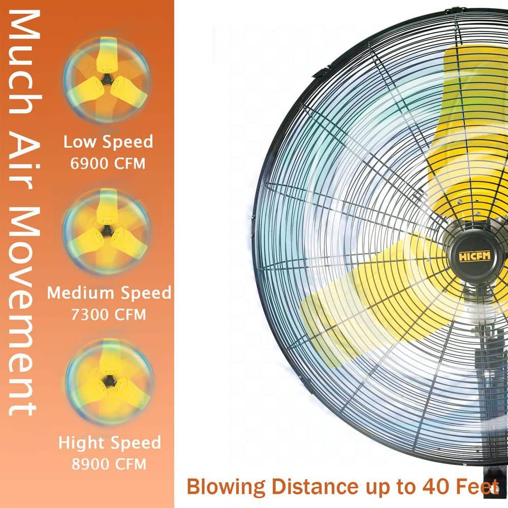 Atemomen 24 in. 3-Speed Oscillating High Velocity Indoor/Outdoor Yellow Wall Mount Fan with IP44 Enclosure Motor (3)