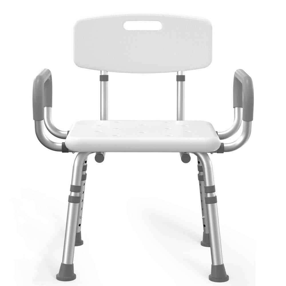 Numhew Aluminum Shower Chair in White with Arms and Back, Height Adjustable Safety Shower Seat for Elderly and Disabled (1)