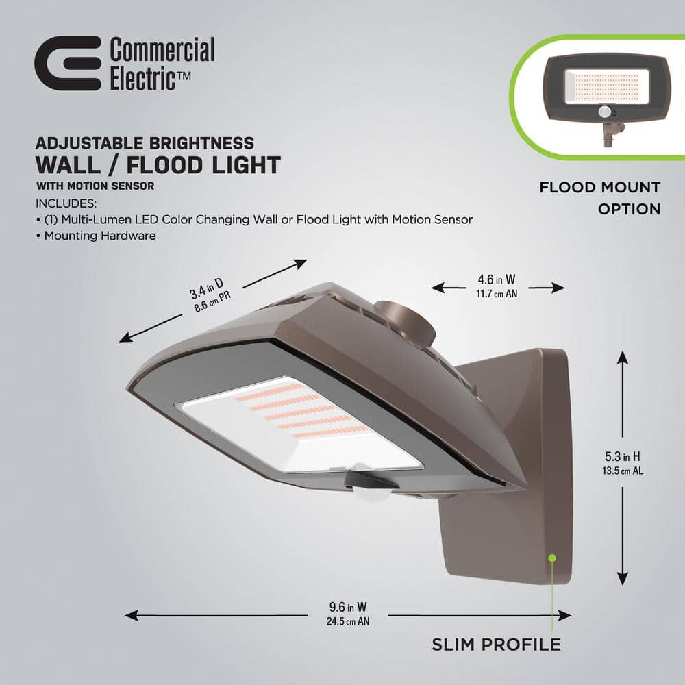Commercial Electric ARFL 400-Watt Equivalent, 8000 Lumens, Selectable CCT, Integrated LED, Arch Wall Flood Light with Motion, Bronze (4)