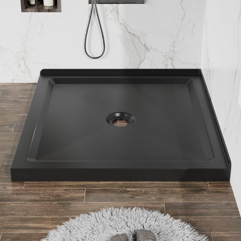 Wudkey 36 in. x 36 in. Single-Piece White Acrylic Shower Base, Non-Slip Shower Pan with Center Drain, Double Threshold in Black (3)