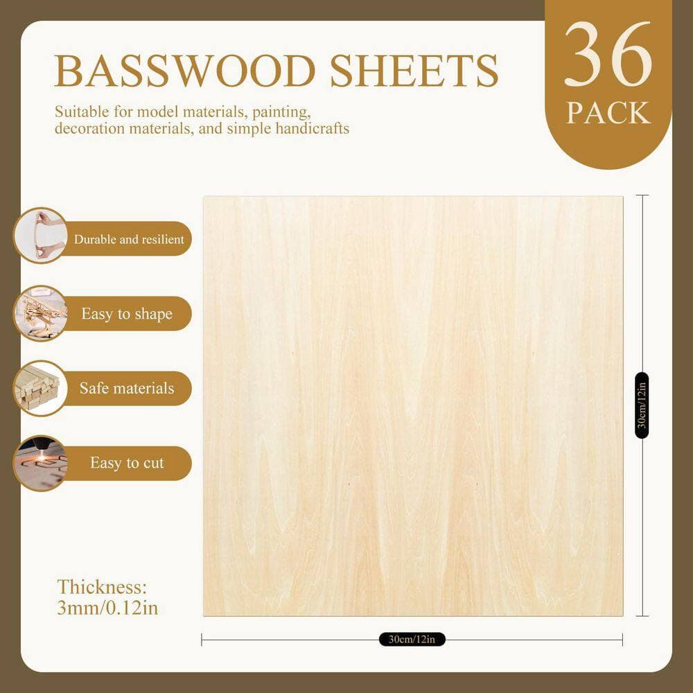 Afoxsos 1/8in. x 12in. x 12in. Basswood Plywood Project Panel, 36-Pack for DIY Craft, Model Making, Wood Burning & Laser Cutting (3)