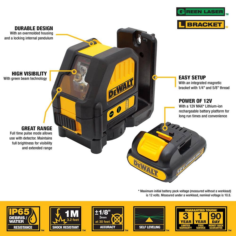 DEWALT 12V MAX Lithium-Ion 165 ft. Green Self-Leveling Cross-Line Laser Level with 2.0Ah Battery, Charger, and Case (2)