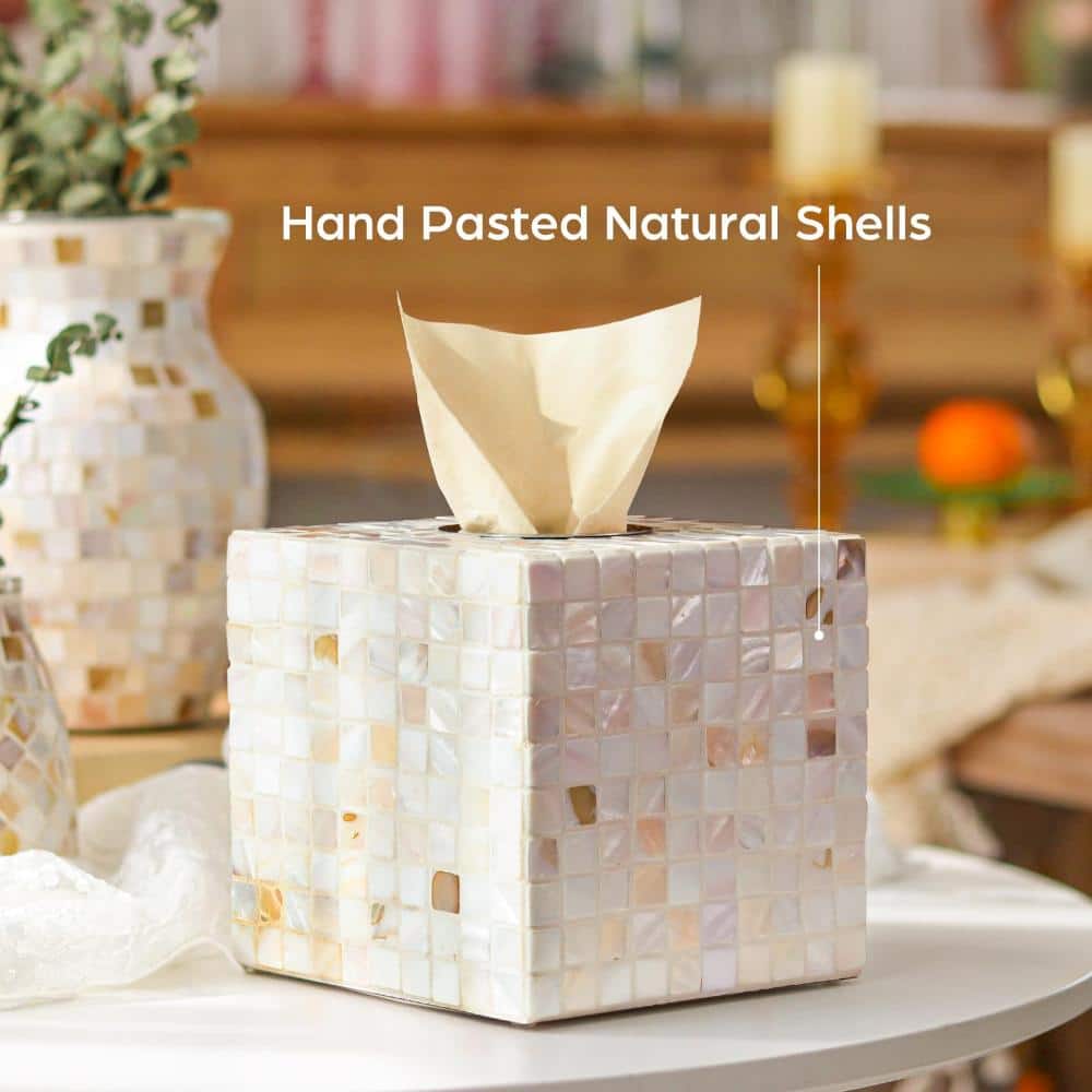 Unbranded Square Decorative Tissue Box Cover Handmade Shell and Wood Mosaic for Living Room and Office for Home Use (3)