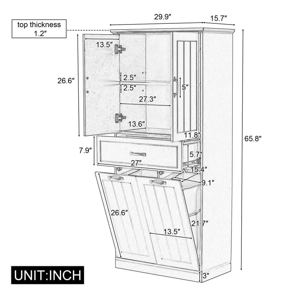 JUJABU 30 in. W x 15.7 in. D x 65.8 in. H Gray Linen Cabinet with 2-Laundry Baskets, Doors and Drawer (3)