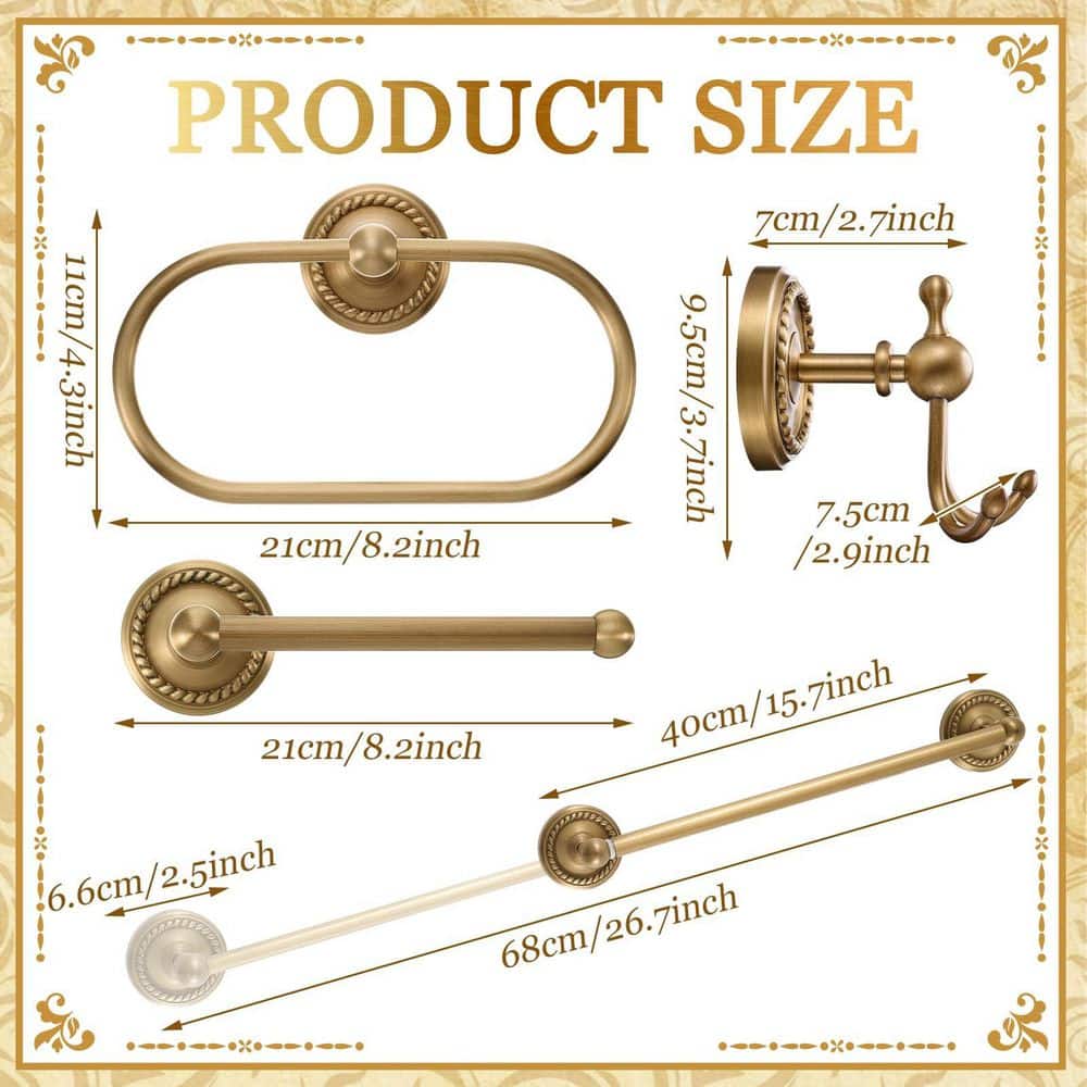 Anqtovp 4-Piece Bathroom Hardware Set with Towel Rack, Towel Ring, Toilet Paper Holder, Robe Hook in Brushed Gold (2)