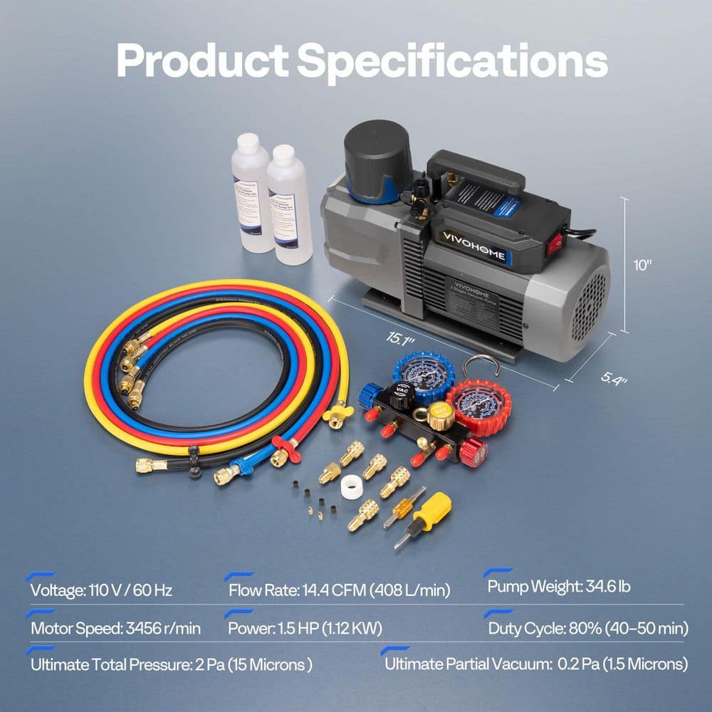 VIVOHOME 1.5 HP 14.4CFM 2-Stage A2L HVAC Vacuum Pump and 4-Way Manifold Gauge Set with Sparkless Motor (2)