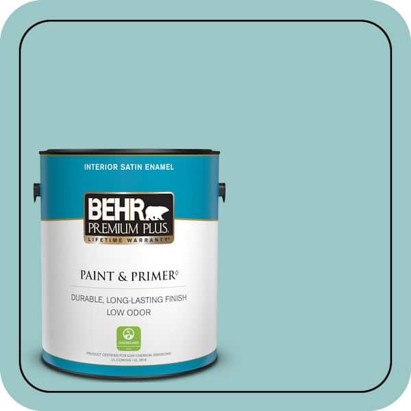 BEHR PREMIUM PLUS 1 gal. #MQ6-08 Aquifer Satin Enamel Low Odor Interior Paint & Primer (2)