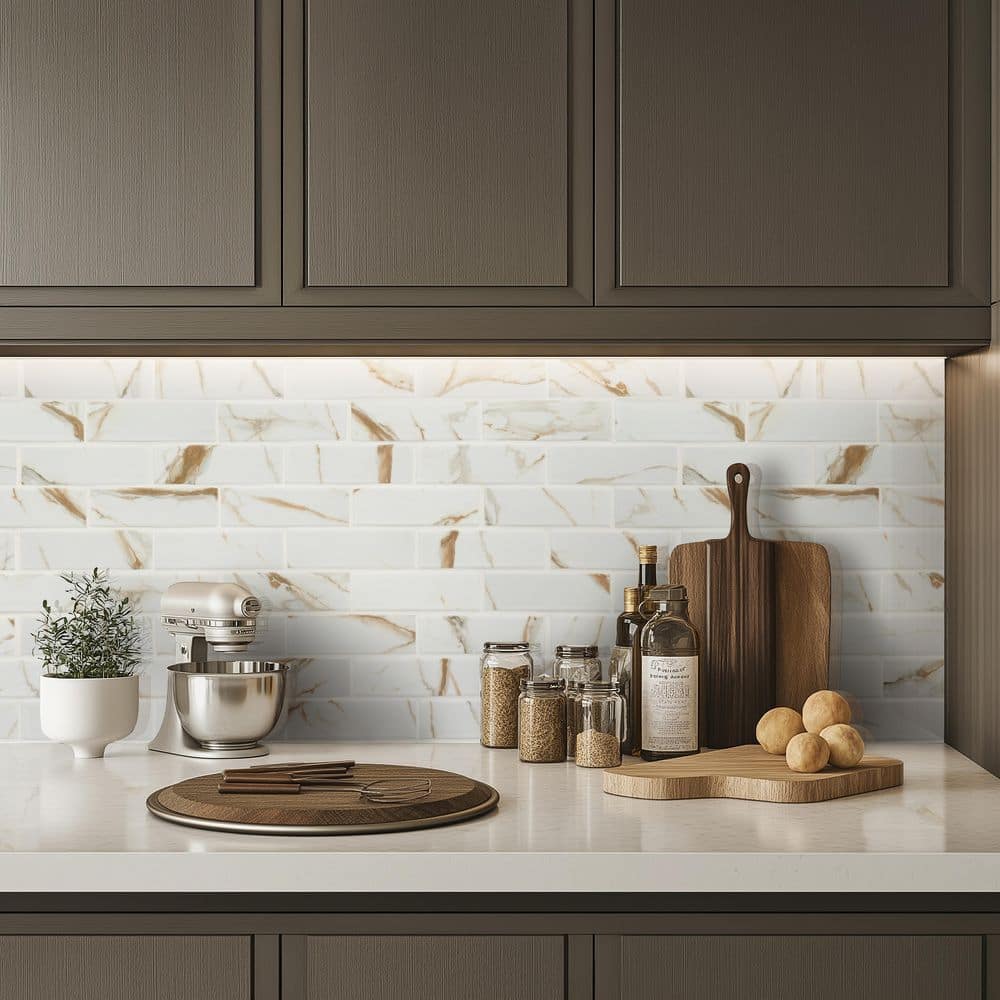 MSI Calacatta Gold Subway 12 in. x 12 in. x 0.24 in. Matte Porcelain Mesh-Mounted Mosaic Tile (0.93 sq. ft./Each) (3)