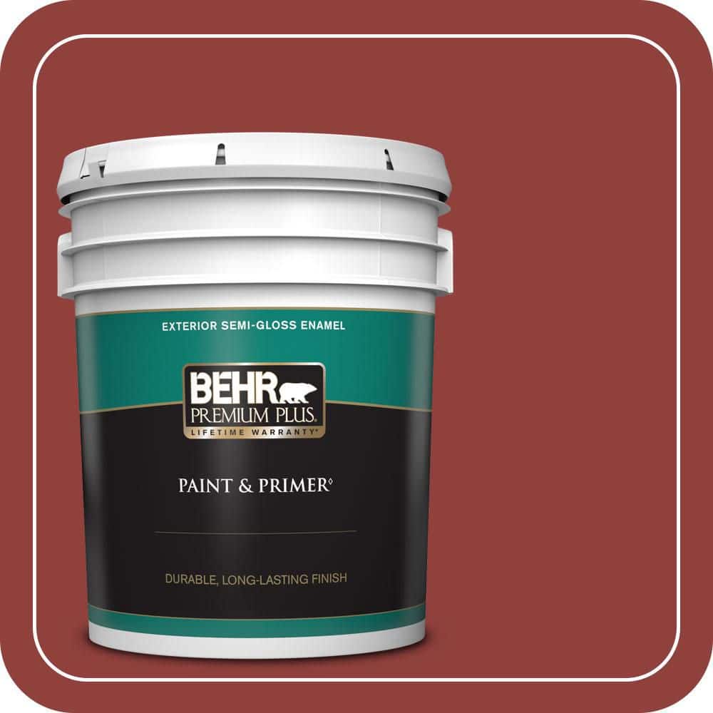 BEHR PREMIUM PLUS 5 gal. #S-H-180 Awning Red Semi-Gloss Enamel Exterior Paint & Primer