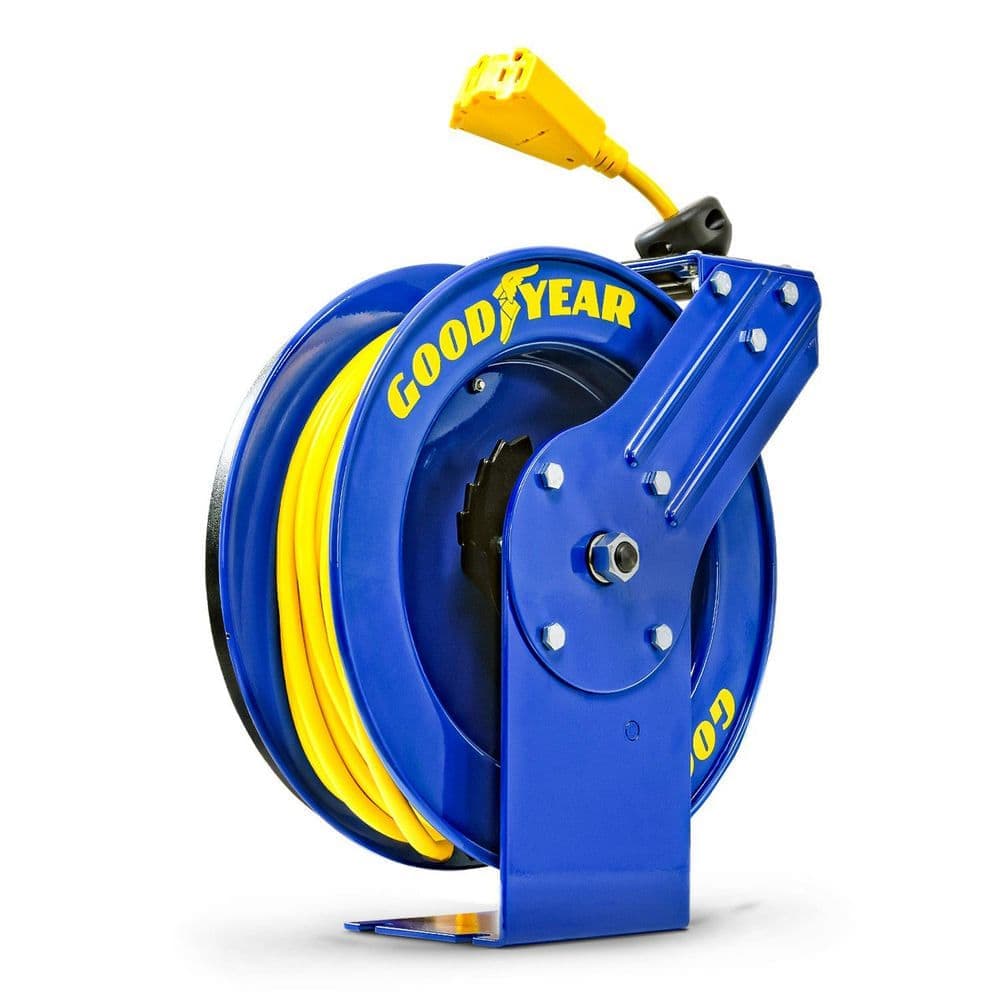 Goodyear 80 ft. 12/3 15 Amp Retractable Extension Cord Reel with 3-Grounded Outlets and Tri-Tap End