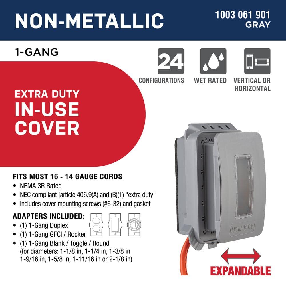 Commercial Electric 1-Gang Expandable Extra Duty Horizontal/Vertical Non-Metallic Weatherproof In-Use Cover (24-in-1 Configurations), Gray (2)