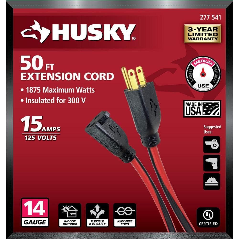 Husky 14/3 Medium Duty Indoor/Outdoor Extension Cord, Red/Black (2)