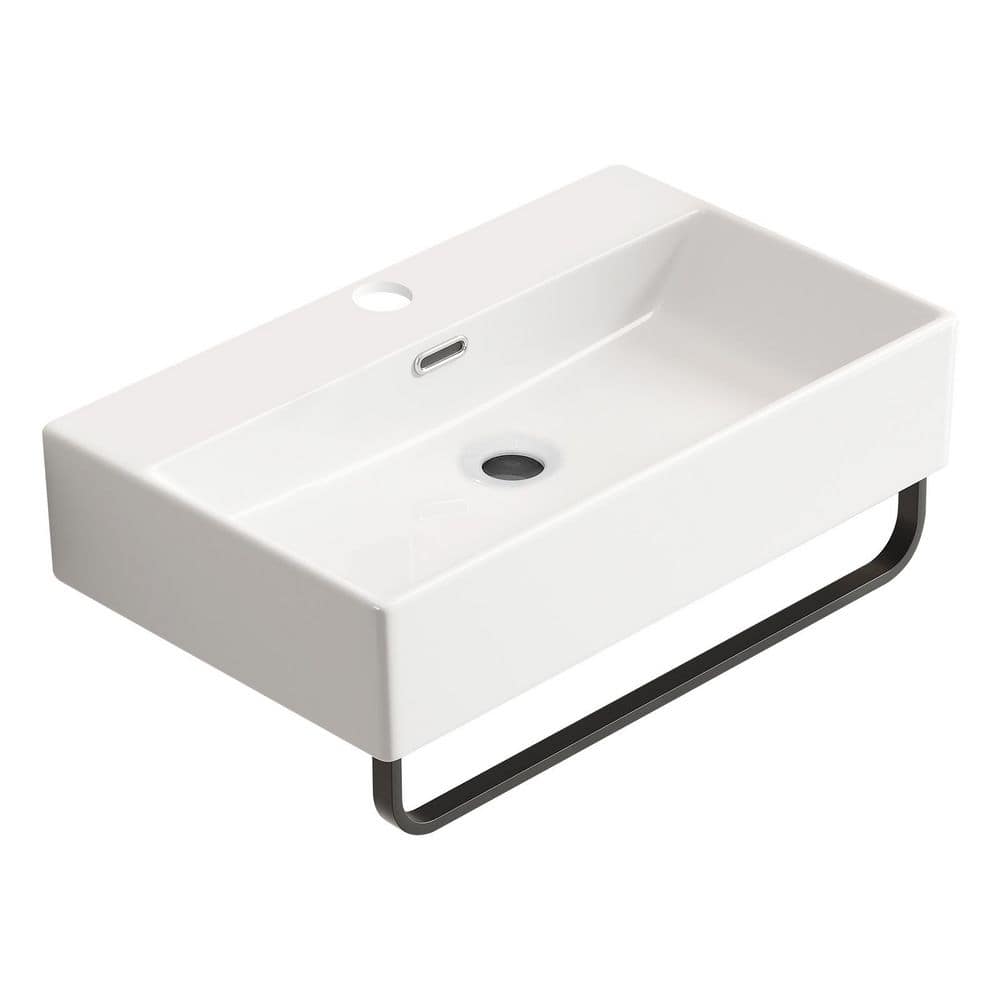 Tatahance 23.63 in Rectangular Wall-Mounted Bathroom Sink in Milk White Ceramic with Towel Rack and Faucet Hole (1)