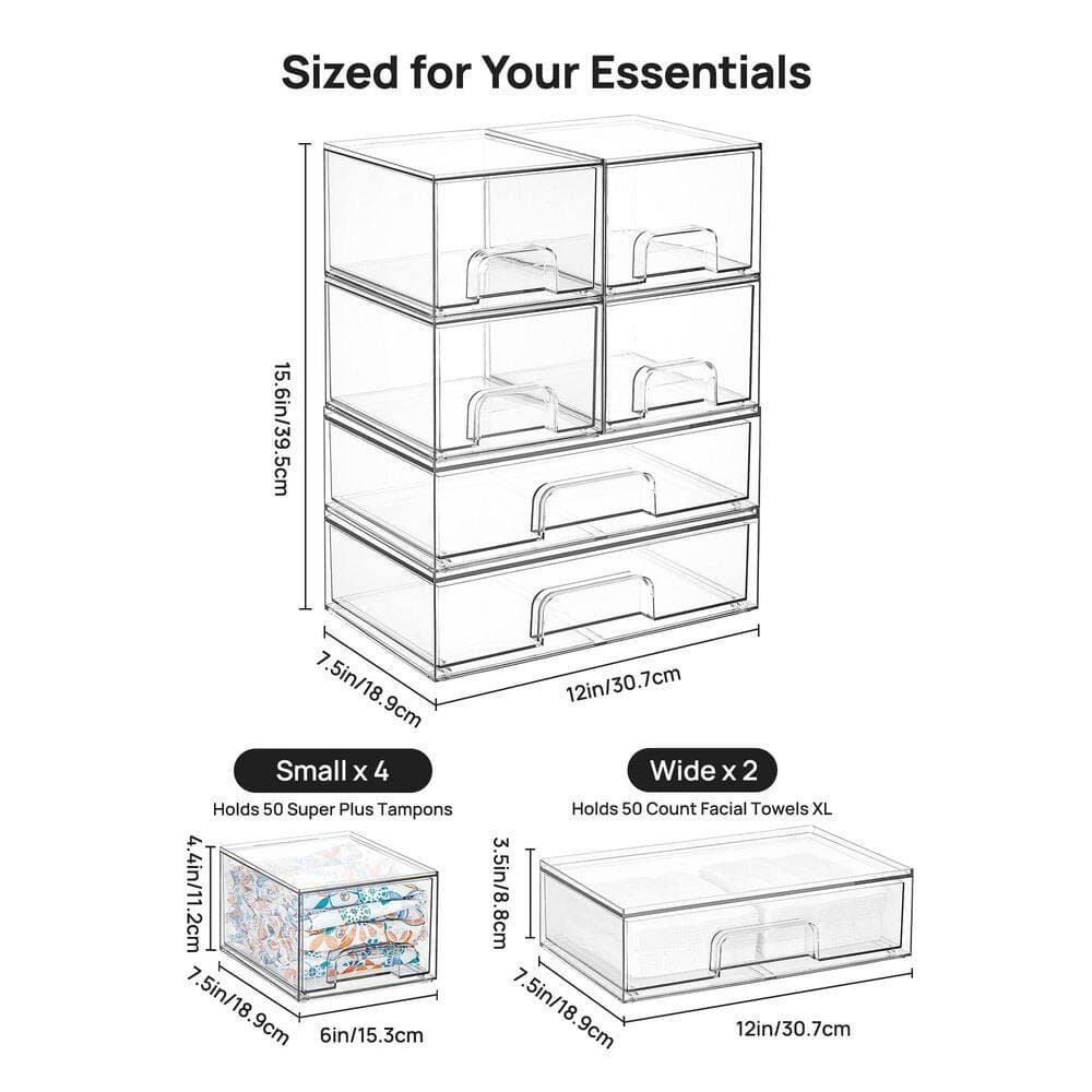 Wudkey 6-Piece Stackable Clear Plastic Drawer Organizer, Storage Bins for Baby Bottles Cosmetics, Bath Accessory Set (2)