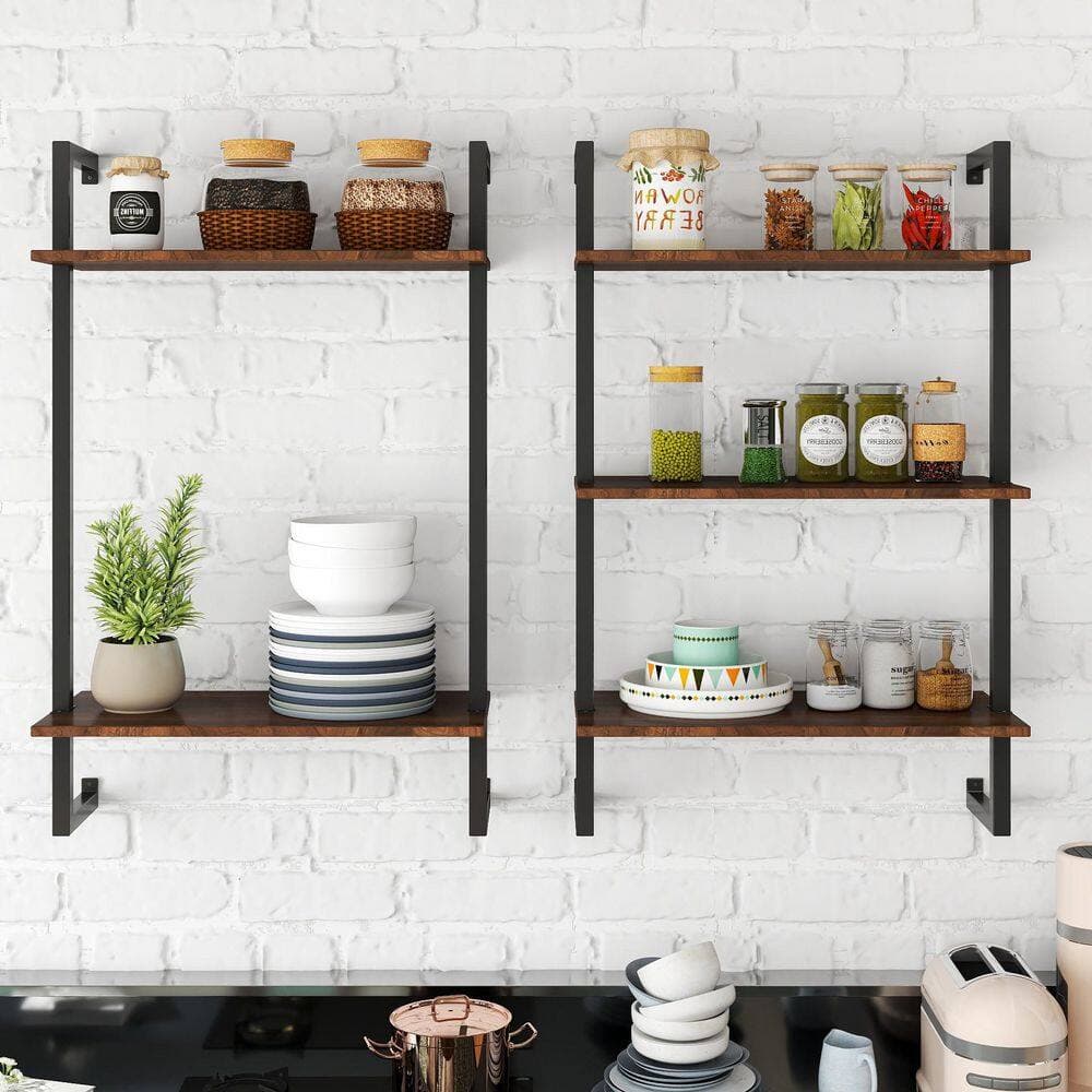 FUNKOL 24 in. W x 39 in. H x 12 in. D Wood Adjustable 3 Tier and 2 Tier Bathroom Hanging Storage Shelves in Walnut (2)
