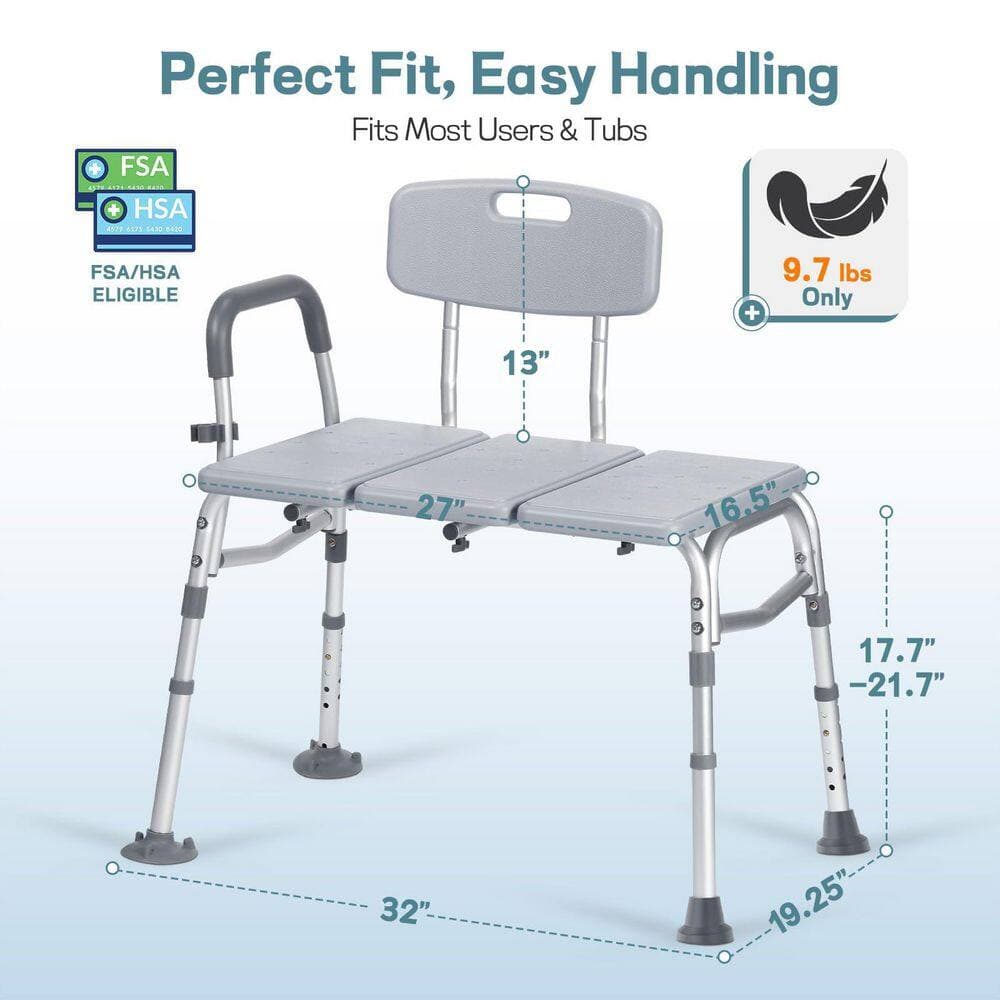 Numhew 32 in. W Freestanding Height‑Adjustable Transfer Bench with Backrest and Arm Support for Elderly Seniors in Gray (2)