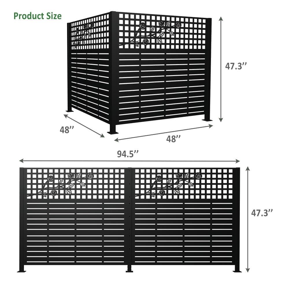 Unbranded 48 in. W x 47.3 in. H Black Rose-Decorated Metal Outdoor Privacy Screen Set of 2, Garden Fence (2)