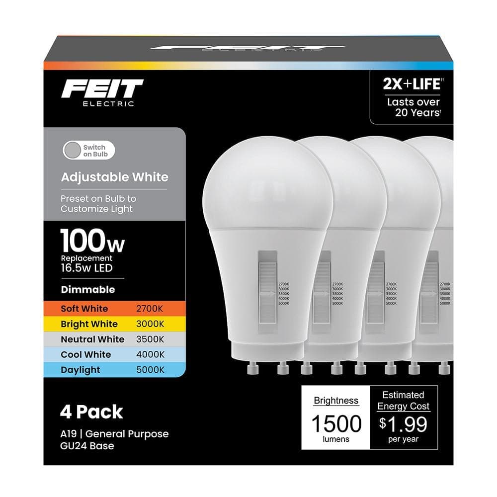 Feit Electric 100-Watt Equivalent A19 Dimmable 90 CRI GU24 Base LED Light Bulb, Selectable White 2700K/3000K/3500K/4000K/5000K(4-Pack) (4)