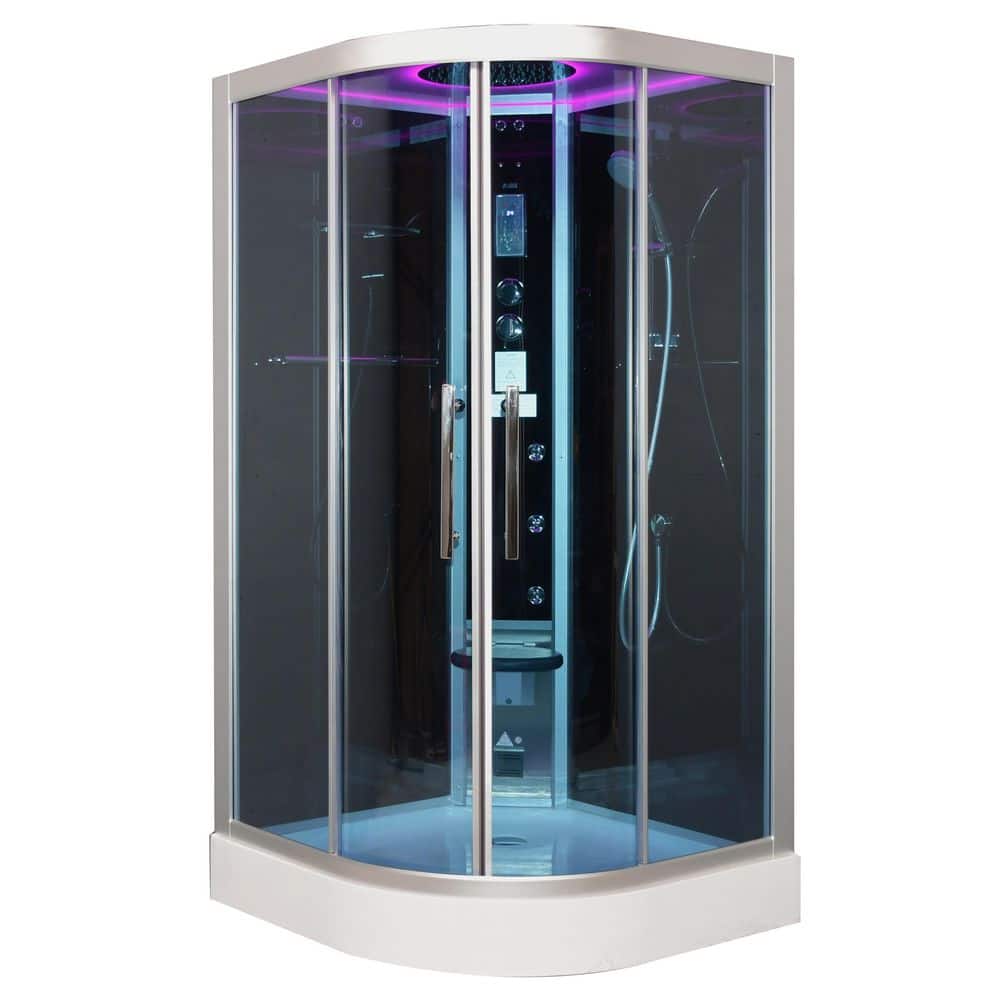 Unbranded 42in x 42in x 90in Corner Steam Shower in Black w/ Blue Glass, Bluetooth, Sliding doors & 3kW Steam Generator