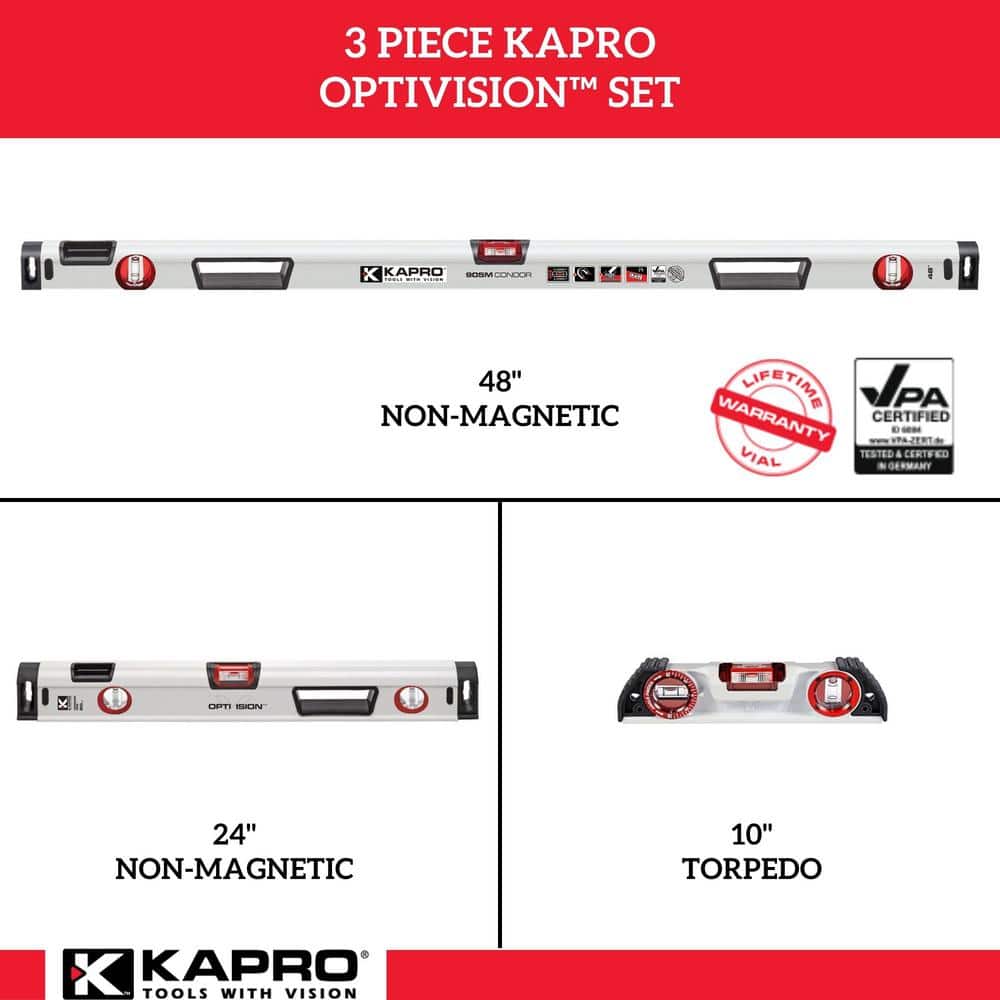 Kapro Optivision 10 in ., 24 in., 48 in. Aluminum Non-Magnetic Box Beam Levels 3-Levels (2)
