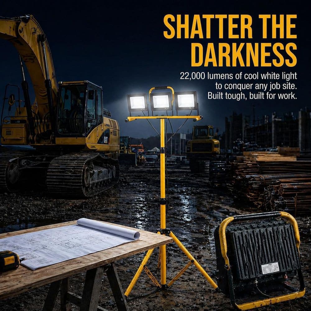 BeamBox 120V 21000 Lumens 3-Head LED Work Light ,Adjustable Foldable Tripod, IP66 Waterproof, 6500K Job Site Light (2-Pack） (3)