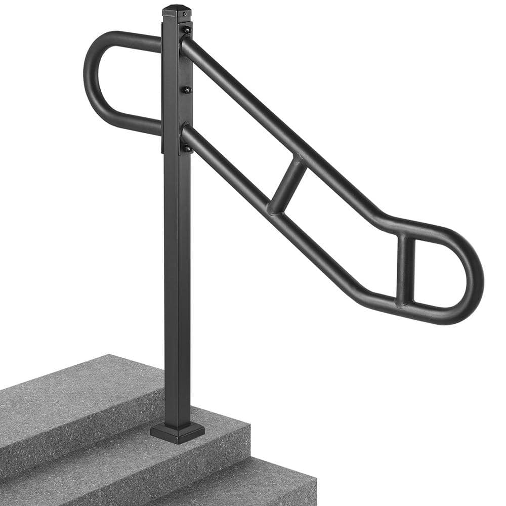 SKYSHALO Single Post Handrail for Outdoor 1-3 Steps 35.43 in. H x 3.46 in. W Black Metal Stair Railing Kit Carbon Steel (1)