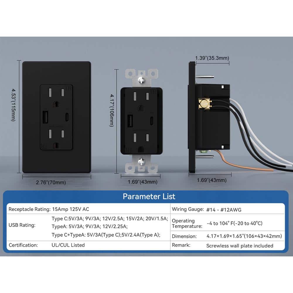 ELEGRP 30-Watt Type A & Type C USB Duplex Wall Outlet for PD and QC, 15 Amp Receptacle, w/Wall Plate (2-Pack, Black) (2)