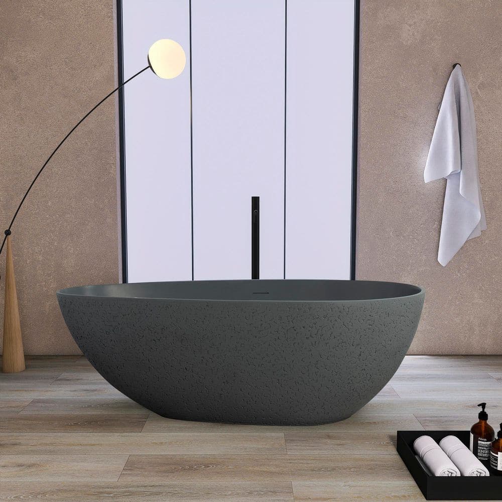 WELLFOR 65 in. x 33 in. Artificial Stone Soaking Bathtub in Cement Gray Solid Surface Modern Tub with Overflow and Pop-up Drain (1)