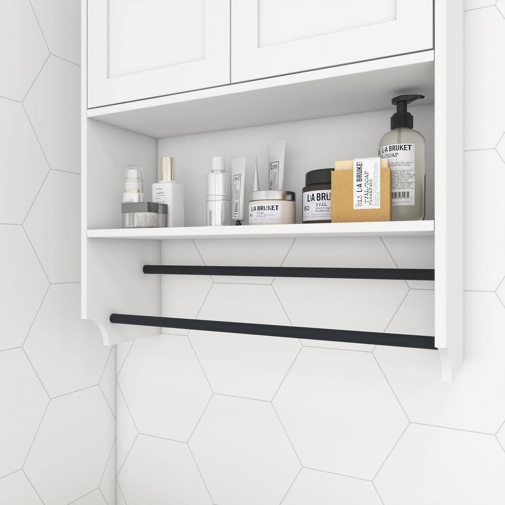 cadeninc 21.65 in. W x 7.48 in. D x 32.48 in. H Bathroom Storage Wall Cabinet in White with Doors, Adjustable Shelf and Towel Bar (3)