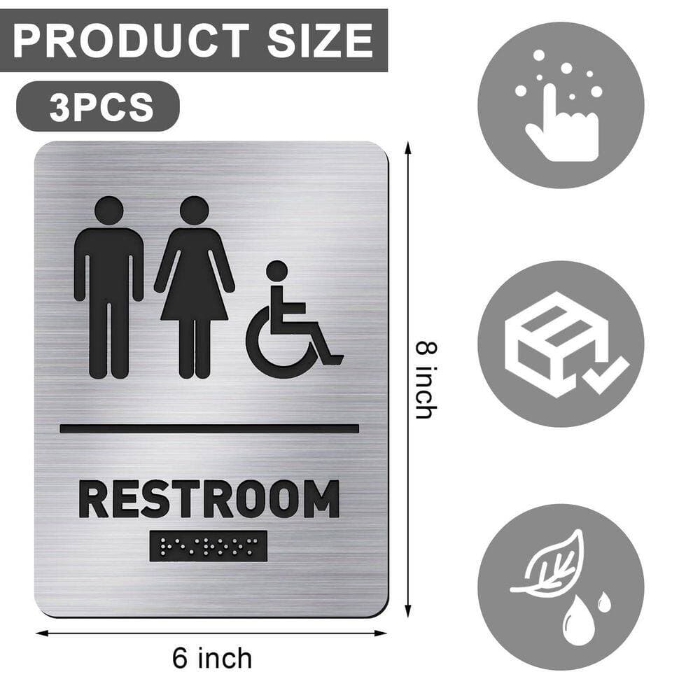 LAIFUCAM 1 Pack Silver Brushed Metal ADA Compliant Unisex Handicap Restroom Sign with Braille for Business Restaurant (2)