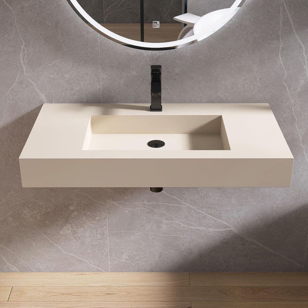 MEDUNJESS 35 in. x 19 in. Solid Surface Wall-Mounted Bathroom Vessel Sink in Cream with Faucet Hole (2)