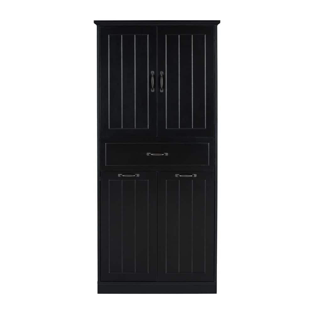 Unbranded 29.90 in. W x 15.70 in. D x 65.80 in. H Black MDF Freestanding Linen Cabinet with 2-Laundry Baskets, Doors and Drawer
