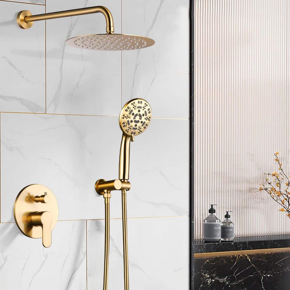 WOWOW Single Handle 9-Spray Shower Faucet 1.8 GPM with 10 in. Shower Head and Functional Handheld in Gold (2)