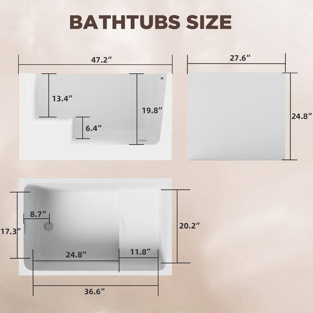 Jasmie 47 in. x 28 in. White Acrylic Freestanding Japanese Soaking Bathtub with Seat Rectangle Design Chrome Pop-Up Drain (3)