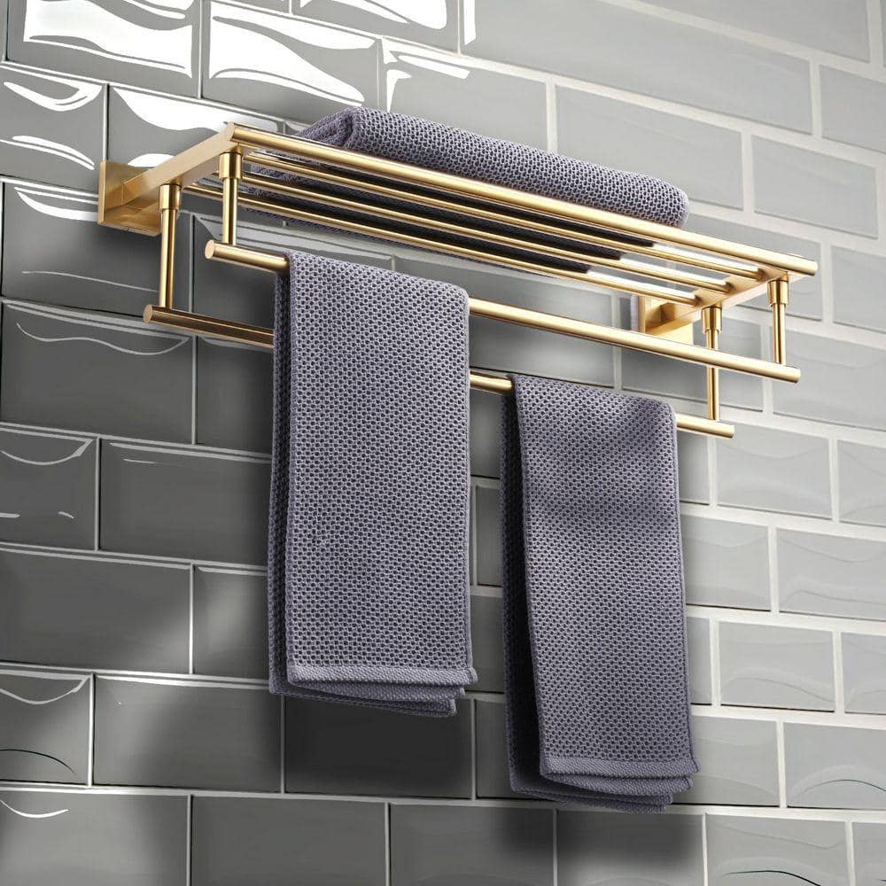 VEVETTA 24 in. Wall Mounted Stainless Steel Double Towel Rack, Towel Bar in Brushed Gold (3)