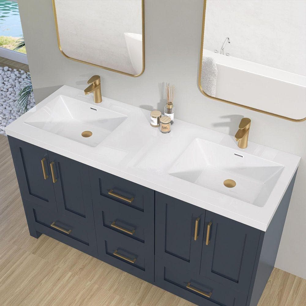 NTQ 60 in. W x 22 in. D Solid Surface Resin White Rectangular Vanity Top Double Sink Bathroom Vanity Top in Glossy White (1)