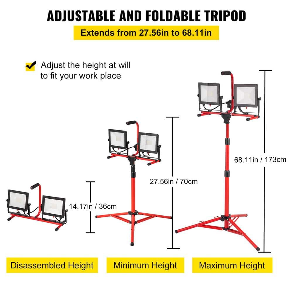 VEVOR Work Light Handheld 5000 Lumen Dual-head LED Jobsite Lighting with Adjustable Foldable Tripod Stand IP65 Waterproofed (4)