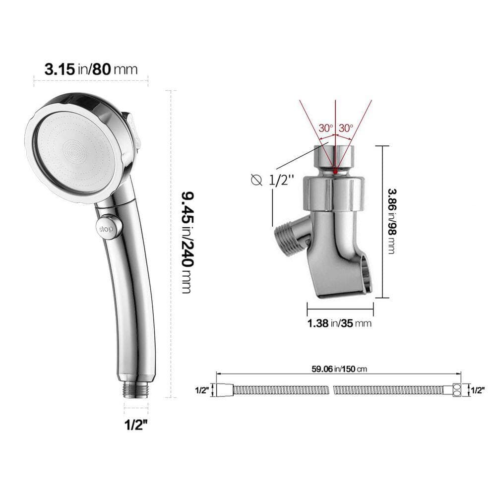 Numhew 3-Piece Silver Hand Shower Set with Head, Adjustable Bracket, Hose and Mounting Hardware, 3 Spray Modes Shower Wand (2)