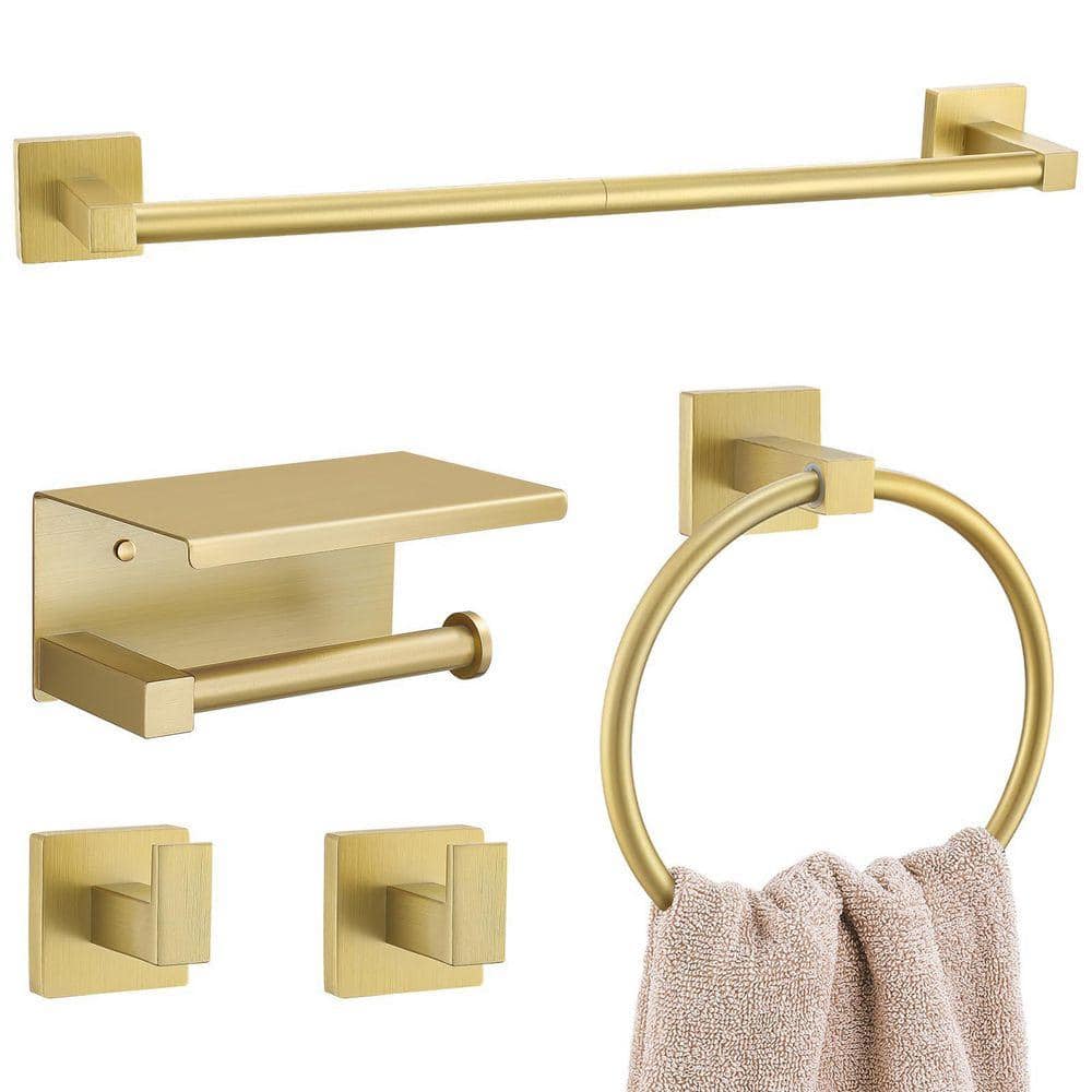JFVKAF 5-Piece Bathroom Hardware Set with Towel Bar Towel Ring Toilet Paper Holder Shelf Two Hooks in Brushed Gold (3)