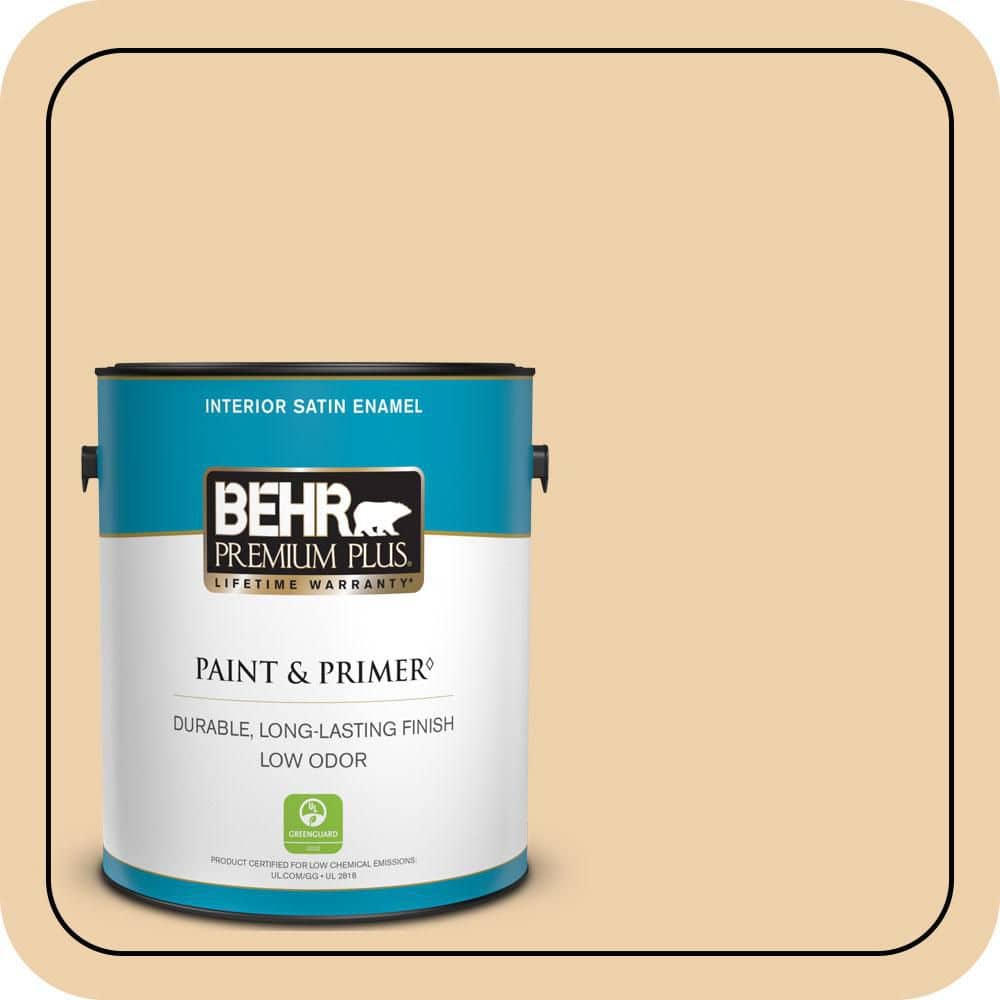 BEHR PREMIUM PLUS 1 gal. #MQ3-43 Ceramic Beige Satin Enamel Low Odor Interior Paint & Primer