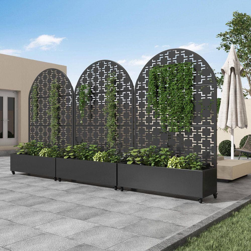 Lirago 72 in. x 47 in. Arched-Top Black Outdoor Metal Privacy Screen Raised Planter Box Wall Decor (2)