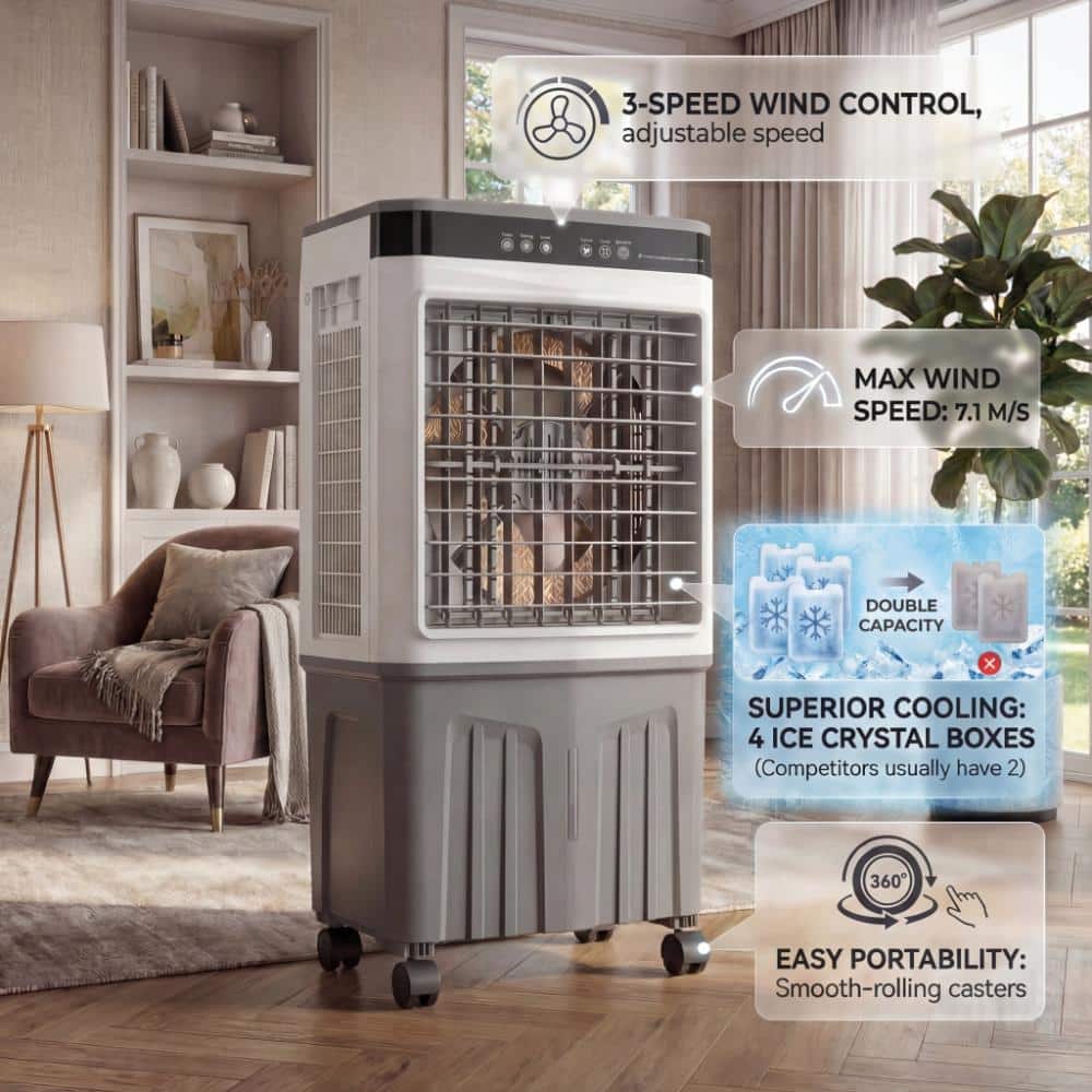 Kingdely Portable Swamp Cooler 700 CFM 3-Speed Portable Evaporative Cooler for 280 sq. ft.Remote,9.5 Gal large Water Tank Gray (3)