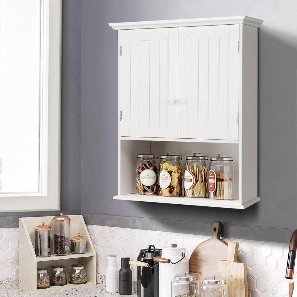 Bunpeony 2-Door Wall-Mount Bathroom Cabinet with Open Shelf, 3-Tier Layout, Eco-Friendly MDF, Adjustable Shelves, Rust-Resistant (2)