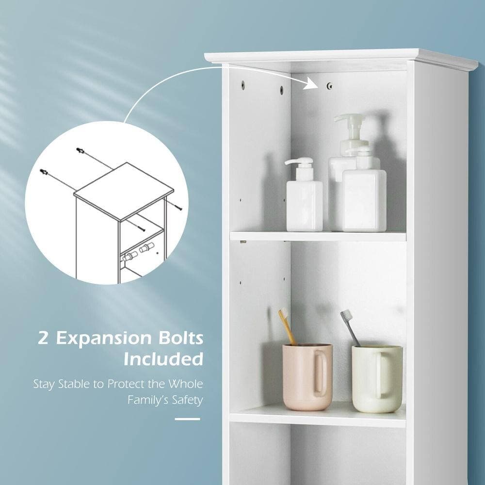 Bunpeony Tall Bathroom Linen Cabinet, 1 Drawer + 1 Cupboard + 3 Open Shelves, 2 Adjustable Shelves, Wall Anchor, Waterproof MDF (3)