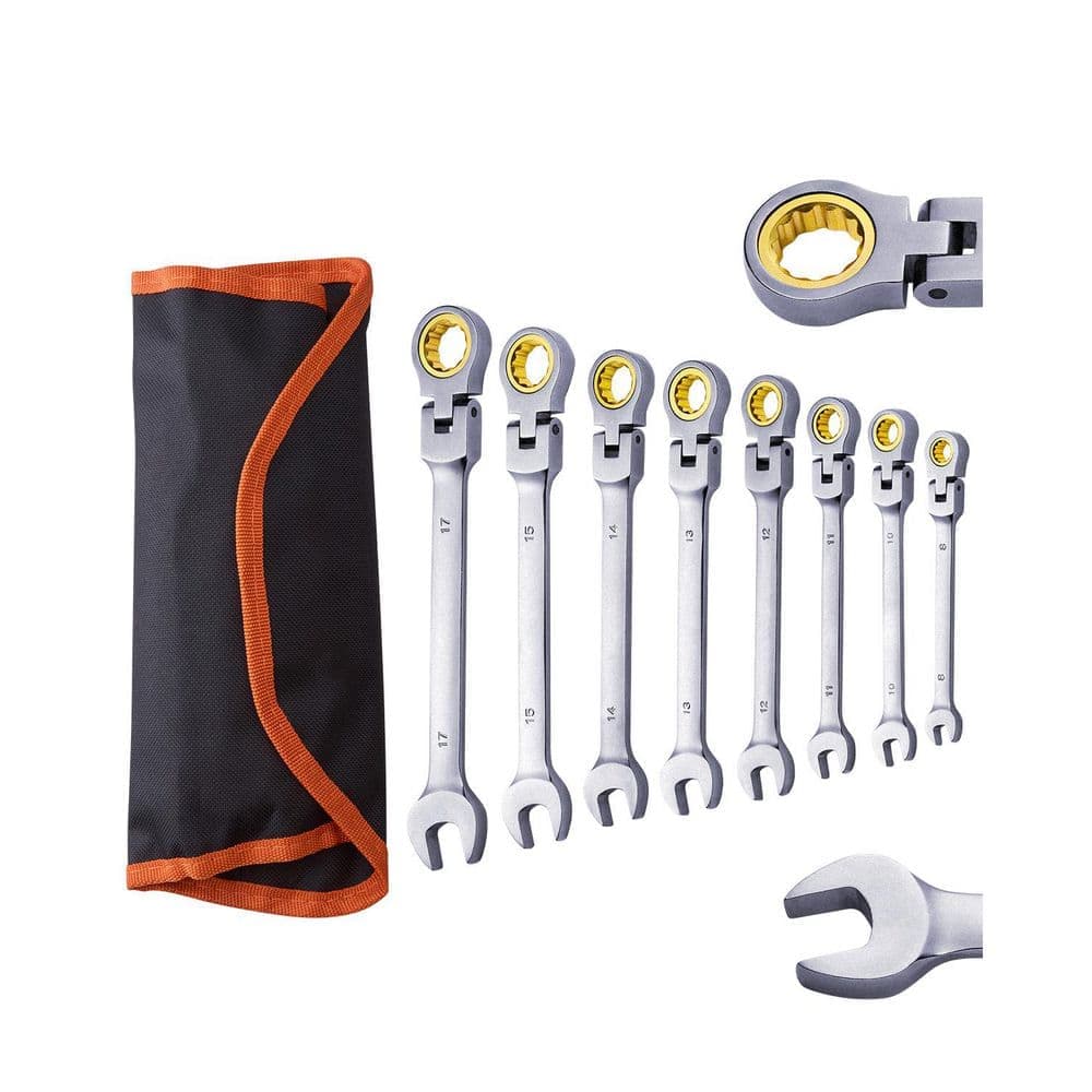 SKYSHALO Flex-Head Ratcheting Wrench Set, 8-Piece Combination Wrench Set Roll-up Pouch, Cr-V Steel Ratcheting Wrench Set, Air (1)