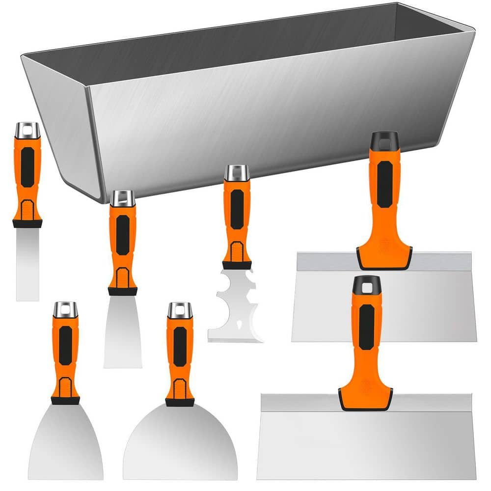 Laybus 8 Pieces Stainless Steel Drywall Knife Set, Putty Knives with Mud Pan, Ergonomic Grip Tapping Knife with Hammer End (1)