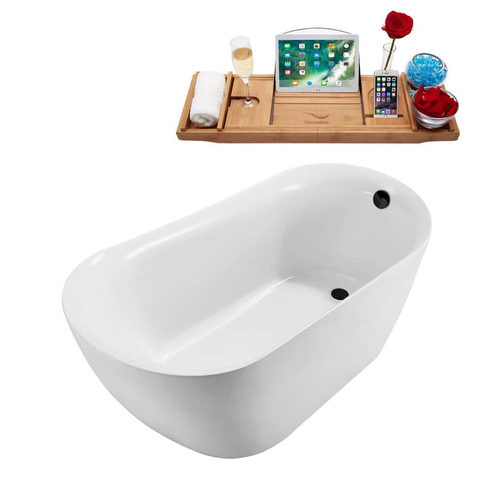Streamline 59 in. Acrylic Flatbottom Non-Whirlpool Bathtub Glossy White with Matte Black Drain and Overflow Cover (3)