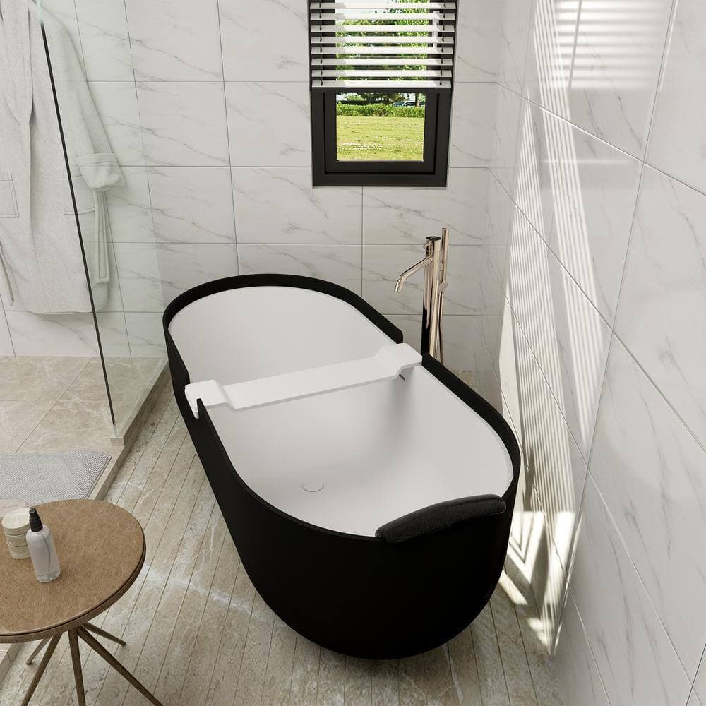 Dimakai 67 in. x 30 in. Solid Surface Soaking Bathtub with Center Drain and Pillow in Matte Black (2)