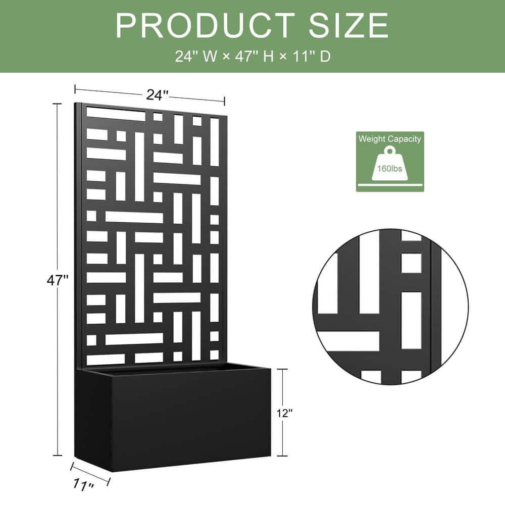 MAYEERTY 1-Piece 47 in. x 24 in. Outdoor Black Metal Planter Box with Trellis for Climbing Plants, Street Pattern Panel (2)