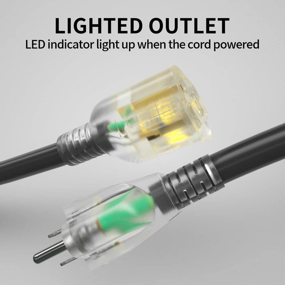 Unbranded 25 ft. 1875W 10-Gauge 1 Conductor SJTW Heavy Duty Extension Cord Outdoor Indoor Waterproof Black with Lighted End Black (2)